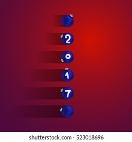 2017 new year banner with balls, fir and shadow. Christmas card for party, holiday design, decor. Vector illustration.