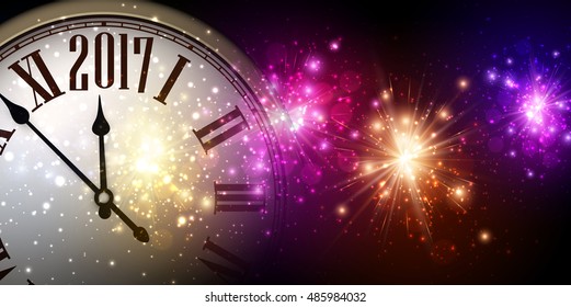 2017 New Year banner with clock and colorful lights. Vector illustration.