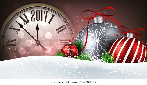 2017 New Year banner with clock, balls and snow. Vector illustration.