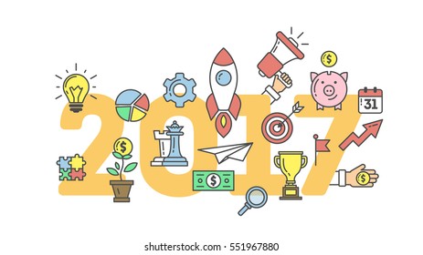 2017 New Year banner with minimalistic elements. Light bulb, piggy bank, money and more. Business illustration. Corporate design.