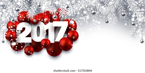 2017 New Year banner with red Christmas balls. Vector illustration.