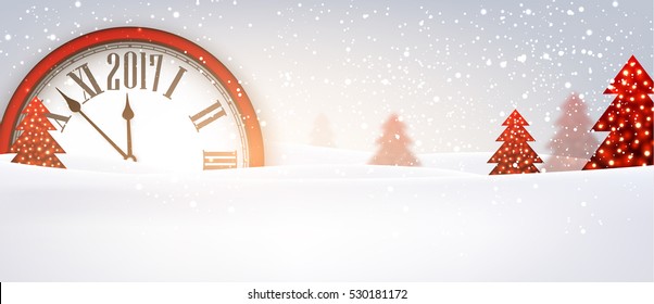 2017 New Year banner with red clock. Vector illustration.