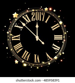 2017 new year black background with golden clock. Vector illustration.