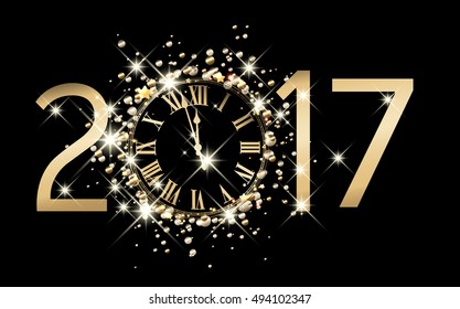 2017 new year black background with clock. Vector illustration.