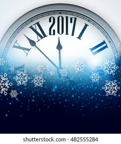 2017 New Year blue background with clock and snowflakes. Vector illustration.