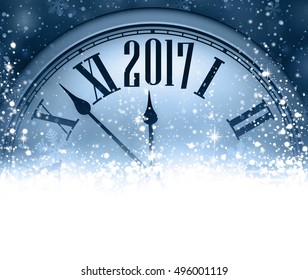 2017 New Year blue background with clock and snow. Vector illustration.