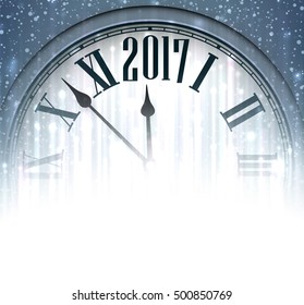 2017 New Year blue background with clock. Vector illustration.