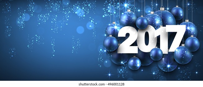 2017 New Year blue banner with Christmas balls. Vector illustration.