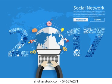 2017 new year business innovation technology set application icons, With businessman working on laptop computer PC, view from above