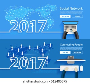 2017 new year business person working on computer social media network mesh innovation technology, consulting, project management, development, Vector illustration modern layout template design