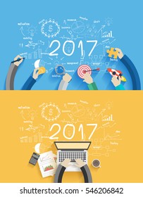 2017 new year business success working on laptop computer, Flat design concepts for drawing analysis and planning, consulting, team work, project management, brainstorming, research and development