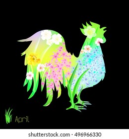 2017 new year calendar design. Year of the Rooster in the Chinese calendar. Silhouette of a rooster with a floral ornament of spring flowers. The month of April.