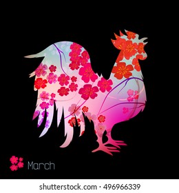 2017 new year calendar design. Colorful cock silhouette. Rooster is symbol of the Chinese New year. Ornament with flowers Chinese plum or sakura. The month of March.