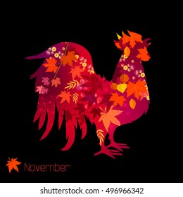 2017 new year calendar design. Year of the Rooster in the Chinese calendar. Silhouette of a rooster with a floral ornament of autumn leaves. Autumn Festival, November.