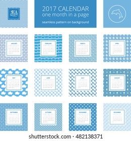 2017 new year calendar, one month in a page. Vector template in a page, square format. Seamless pattern on background. Blue and white colors