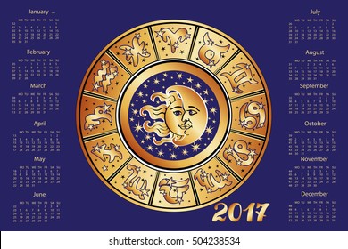 2017 new year Calendar.Horoscope Circle with Zodiac sign.Constellation,stars ,astrology symbols,moon,sun.Blue  background,gold silhouette.Holiday Vector  Illustration. 
