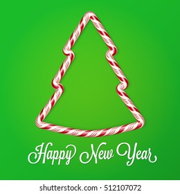 2017 New year card. Candy cane effect, Christmas tree. Creative colorful holiday vector illustration on a bright green background. Striped sugar design. Flyer, poster template for celebration.