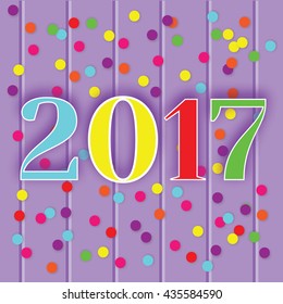 2017 new year celebration greeting card, banner, vector illustration, invitation design template. Colorful background with paper numbers and confetti