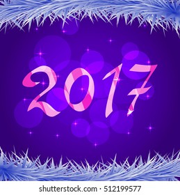 2017 for New year and Christmas with fir-tree branches with the snow.Vector a banner with a snowflake bokeh.Design element for leaflets, banners for the websites, greeting cards.