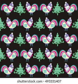 2017 new year cock. Seamless pattern of roosters Christmas fir-trees. Fashionable texture winter print fabric.
