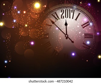 2017 New Year color background with clock. Vector illustration.