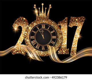 2017 New Year composition with gold clock and numbers. Gold paper texture. Vector illustration