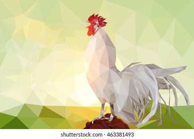 2017 new year concept,Low polygon of White Rooster chicken on green Bokeh 