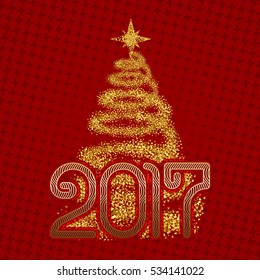 2017 New Year congratulation with golden glittering Christmas tree on red starry background. Holiday greeting card template.