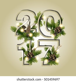 2017 New Year coniferous design with glowing garland. Vector holiday card