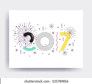 2017 New Year design, eye catching banner. Bright colorful vector memphis illustrations for greeting card, posters, print, mobile phoned designs, ads, promotional material Yellow Black White Green