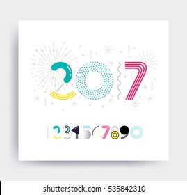 2017 New Year design, eye catching color vector memphis illustrations for greeting card, posters, print, mobile phoned designs, ads, promotional material in acid colors. All numerals