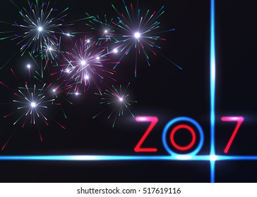 2017 New Year design! Shining Fireworks, light effects isolated and grouped. Gold violet white golden colors of fireworks. 2017 New happy year! Bursting Fireworks Background. Vector Illustration.