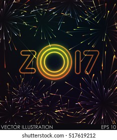 2017 New Year design! Shining Fireworks, light effects isolated and grouped. Gold violet white golden colors of fireworks. 2017 New happy year! Bursting Fireworks Background. Vector Illustration.