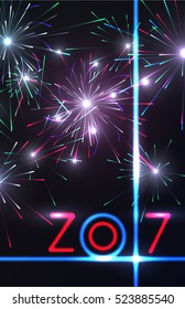 2017 New Year design! Shining Fireworks, light effects isolated and grouped. Gold violet white golden colors of fireworks. 2017 New happy year! Bursting Fireworks Background. Vector Illustration.