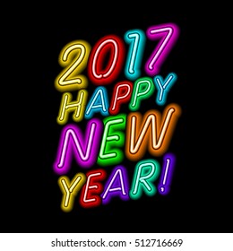2017 New Year design. Sign the year of fire rooster. Vector neon figures with lights. Greeting card background. art