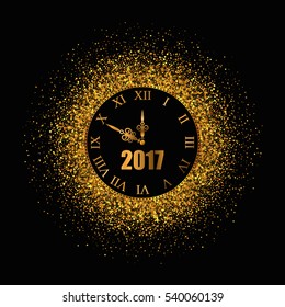 2017 New Year gold background with clock. Vector illustration