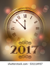 2017 New Year Gold shining background with clock. Blured flare banner with watch. Vector illustration.