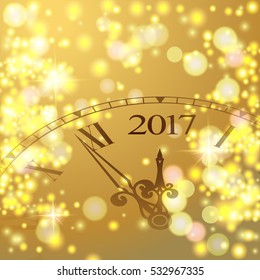 2017 New Year Gold shining background with clock. Blured colored flare banner with watch and fireworks. Vector illustration.