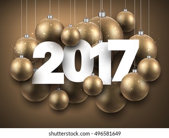 Año Nuevo 2017 de fondo dorado con bolas de Navidad. Ilustración vectorial.