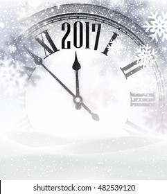 2017 New Year gray background with clock and snow. Vector illustration.