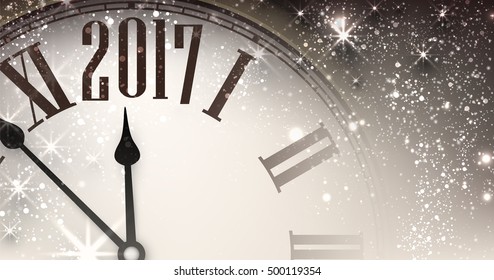 2017 Neujahr graues leuchtendes Banner mit Uhr. Vektorgrafik.
