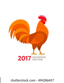 2017 New Year greeting card. Vector illustration of red fiery rooster, symbol of Chinese new year, isolated on white background.