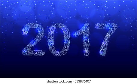 2017 New Year Hand Drawn Vector. Shiny Creative Ornament Numbers Design. Dark Blue Background with Bokeh and Sparkling Snowflakes. Illustration Template for Calendar or Greeting Card.