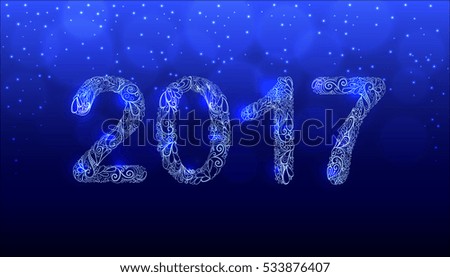 2017 New Year Hand Drawn Vector. Shiny Creative Ornament Numbers Design. Dark Blue Background with Bokeh and Sparkling Snowflakes. Illustration Template for Calendar or Greeting Card.