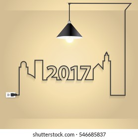 2017 new year interior design with creative wire light bulb idea concept in wall room, Vector illustration modern layout template design