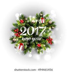 2017 New year invitation gift box in wreath of fir branches and decoration balls