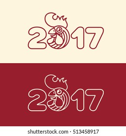 2017 New Year label with rooster's head in outline style. Vector illustration.