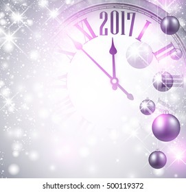 2017 New Year luminous background with clock and balls. Vector illustration.