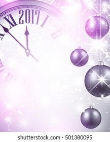 2017 Año Nuevo brillante con reloj y bolas. Ilustración vectorial.