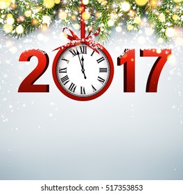 El nuevo año 2017 lujoso fondo con reloj rojo. Ilustración vectorial.